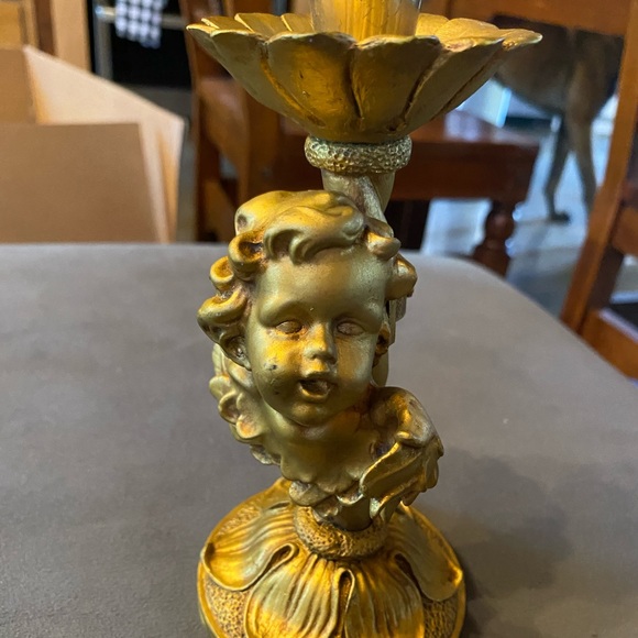 Vintage gold cherub angel candlestick plaster